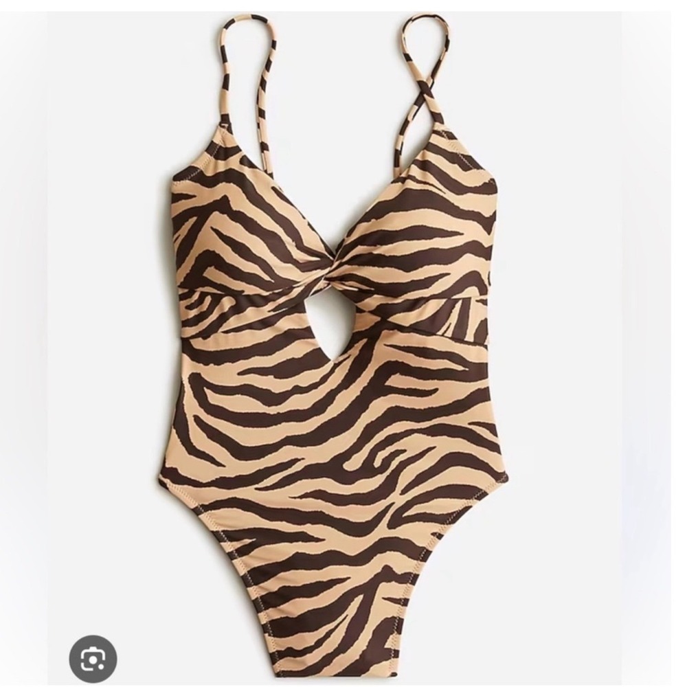 NWT J. Crew Front-twist‎ one-piece in zebra stripe Brown Tan BK543 Sz 24